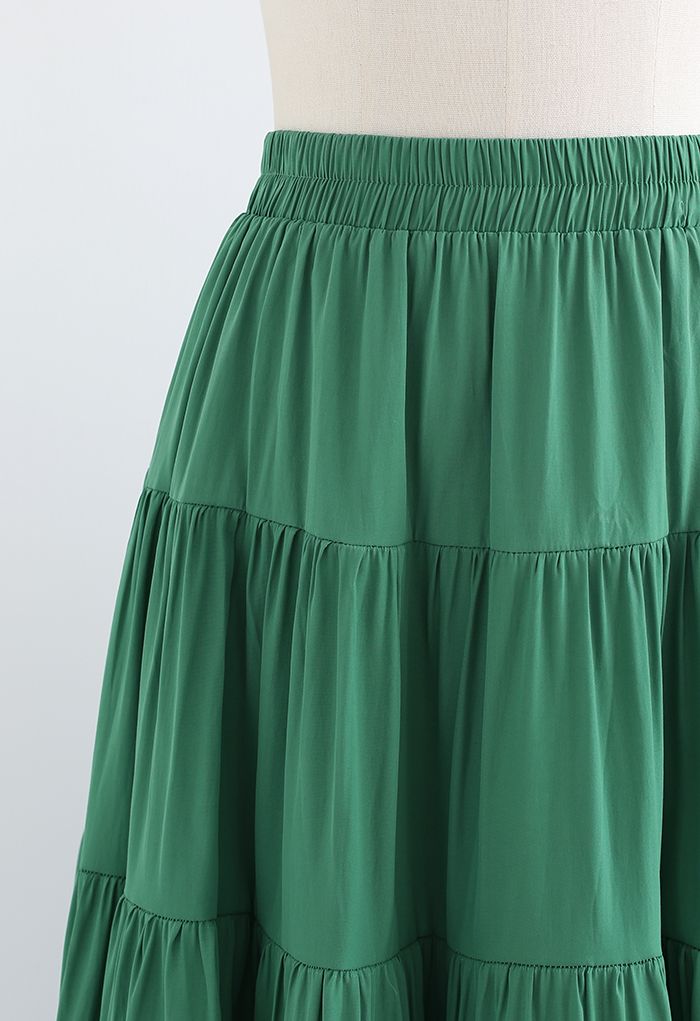 Crochet Cutwork Ruched Midi Skirt in Green