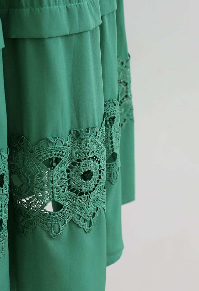 Crochet Cutwork Ruched Midi Skirt in Green