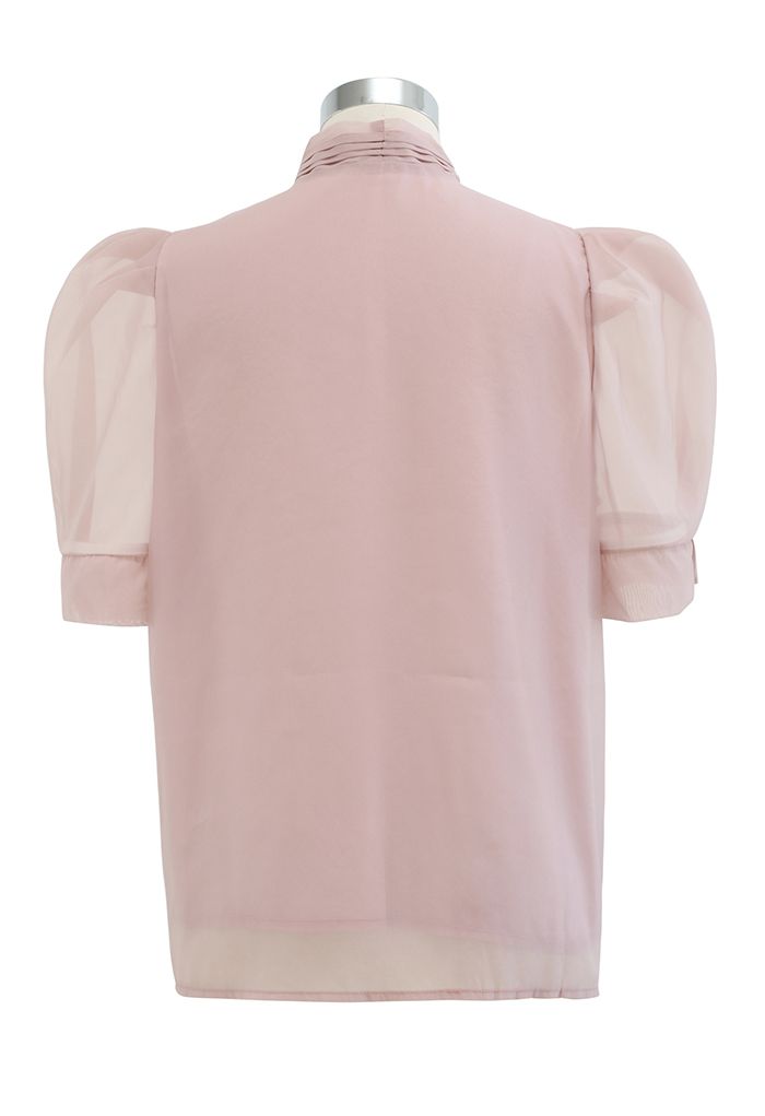 Button Down Bowknot Organza Top in Dusty Pink