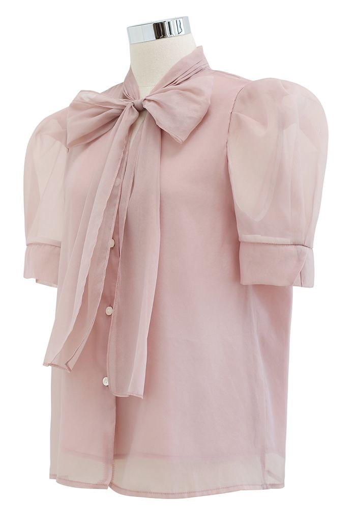 Button Down Bowknot Organza Top in Dusty Pink