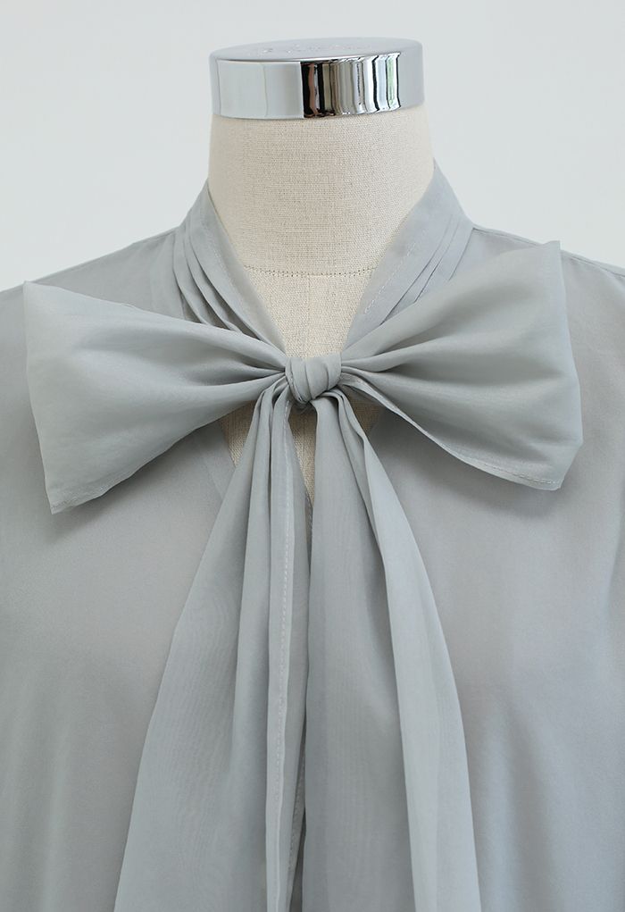 Button Down Bowknot Organza Top in Grey