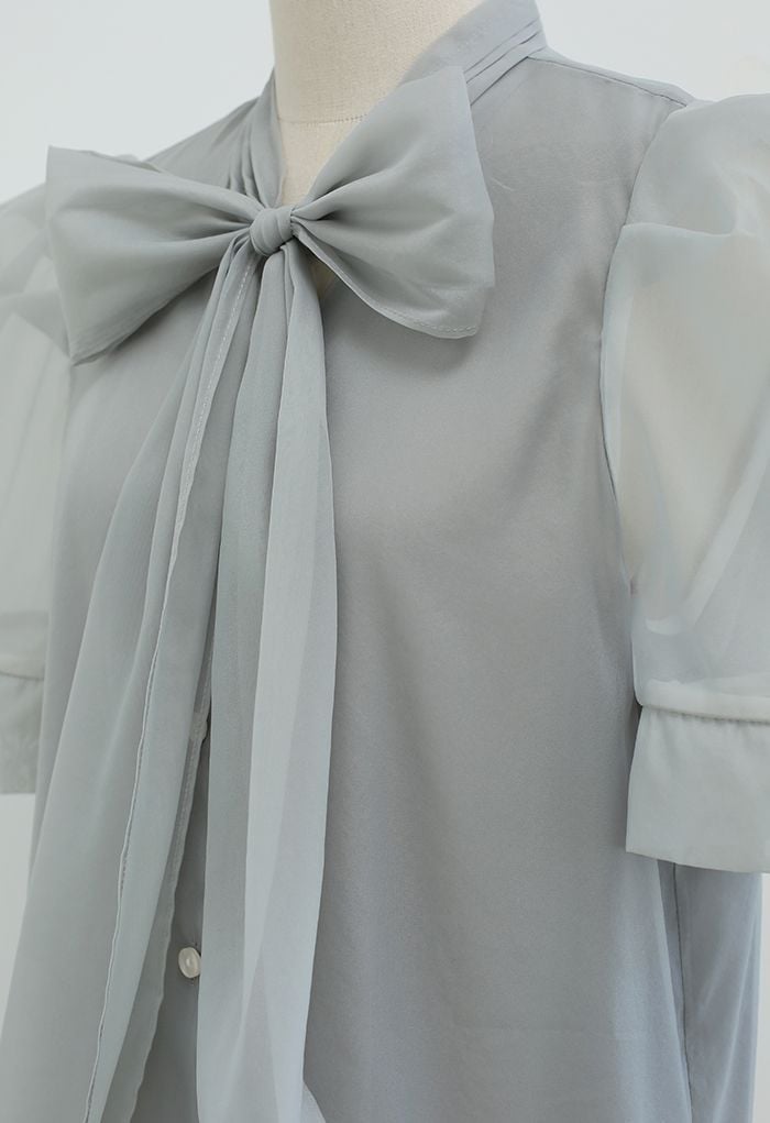 Button Down Bowknot Organza Top in Grey