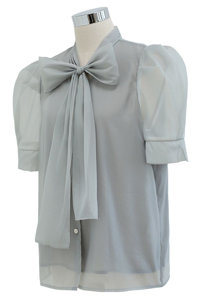 Button Down Bowknot Organza Top in Grey