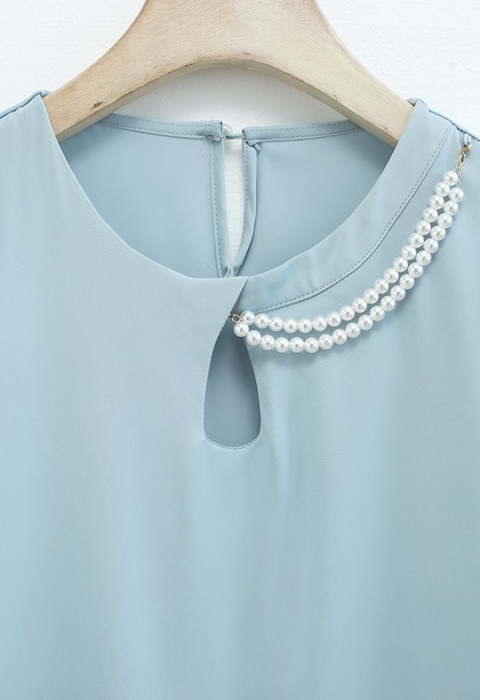 Necklace Short Sleeve Satin Top in Dusty Blue