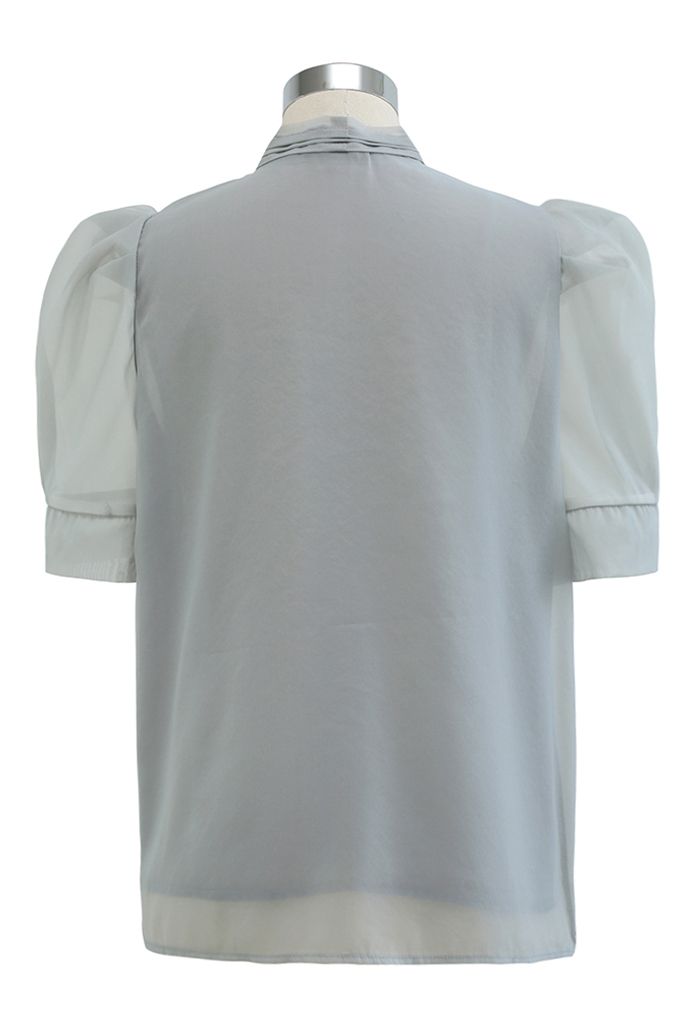 Button Down Bowknot Organza Top in Grey