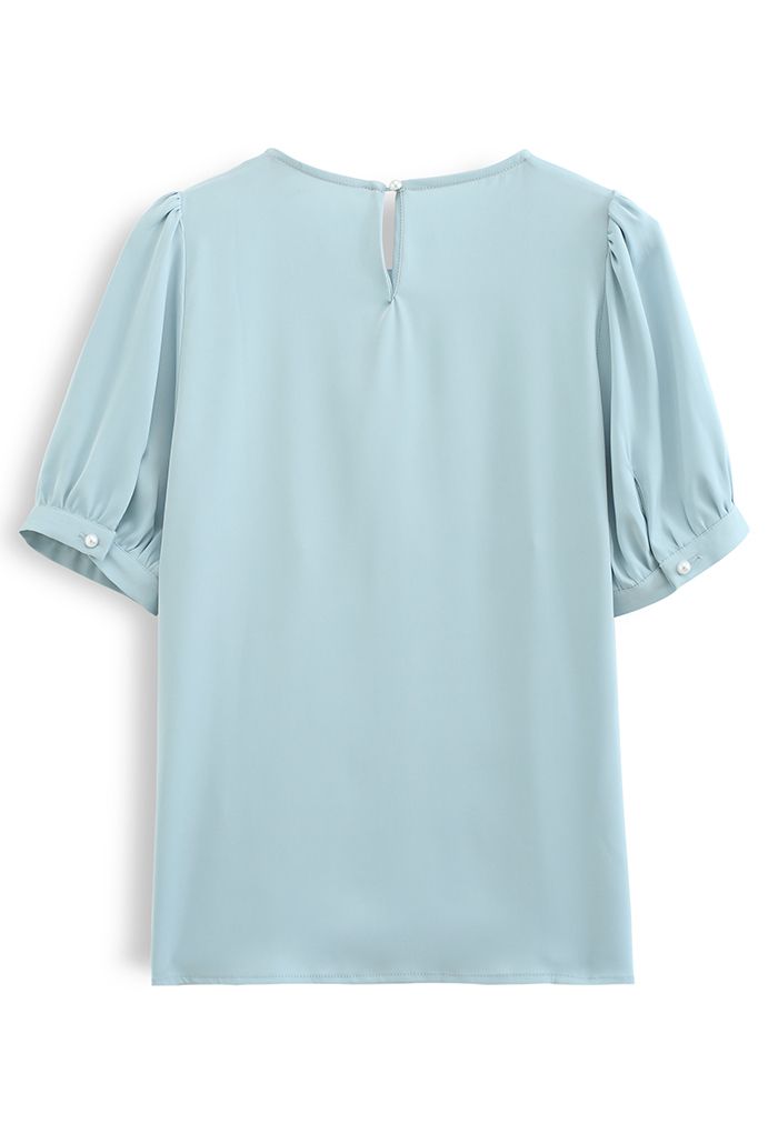 Necklace Short Sleeve Satin Top in Dusty Blue