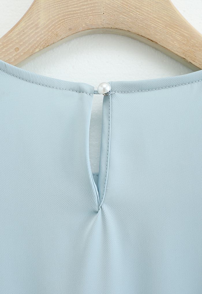 Necklace Short Sleeve Satin Top in Dusty Blue