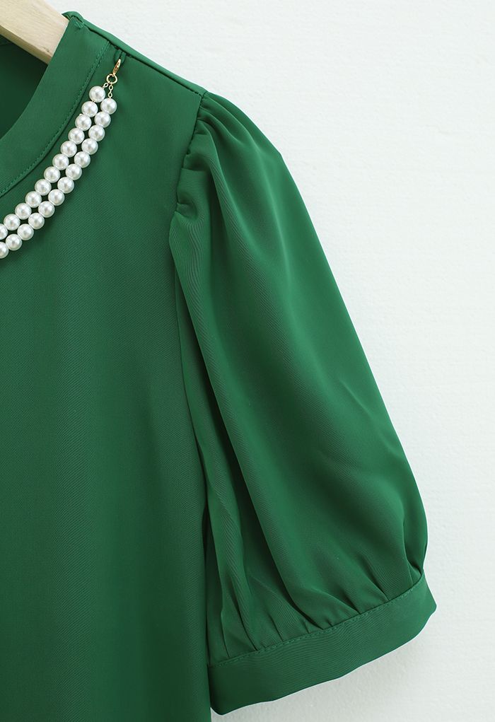 Necklace Short Sleeve Satin Top in Green