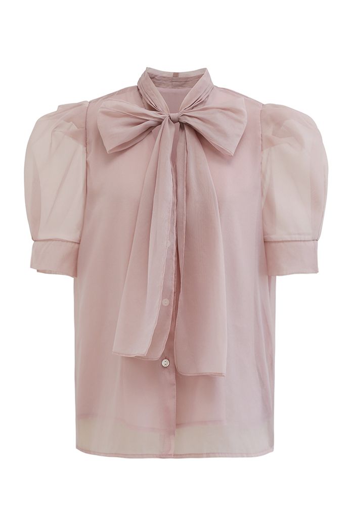 Button Down Bowknot Organza Top in Dusty Pink