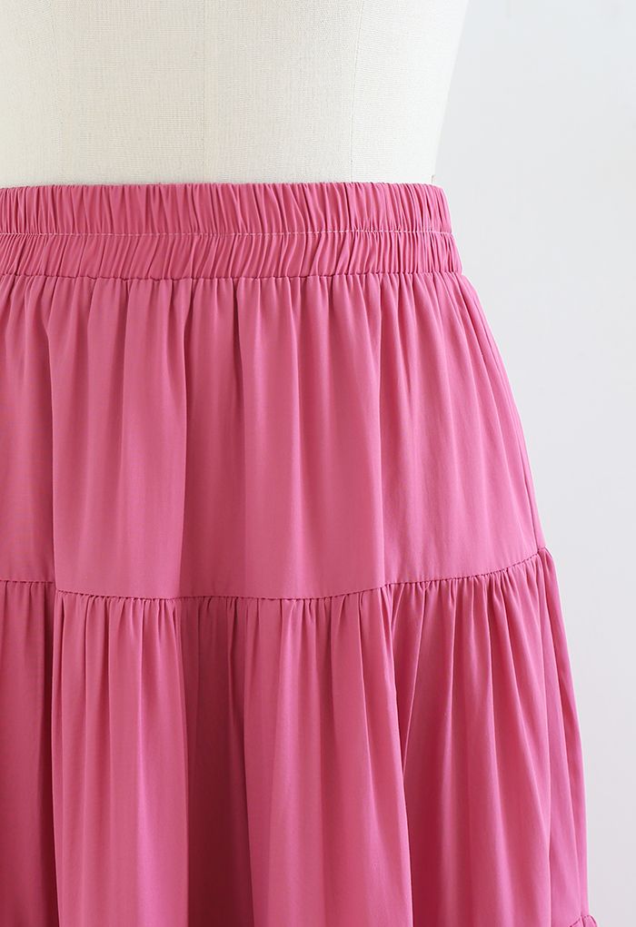 Crochet Cutwork Ruched Midi Skirt in Magenta