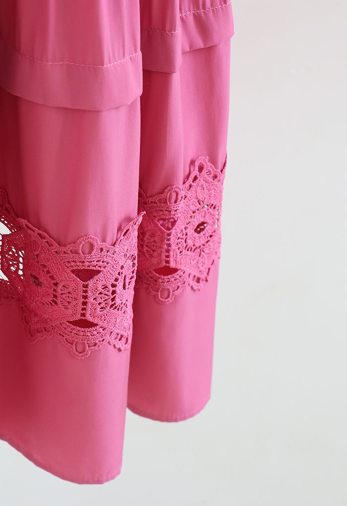 Crochet Cutwork Ruched Midi Skirt in Magenta