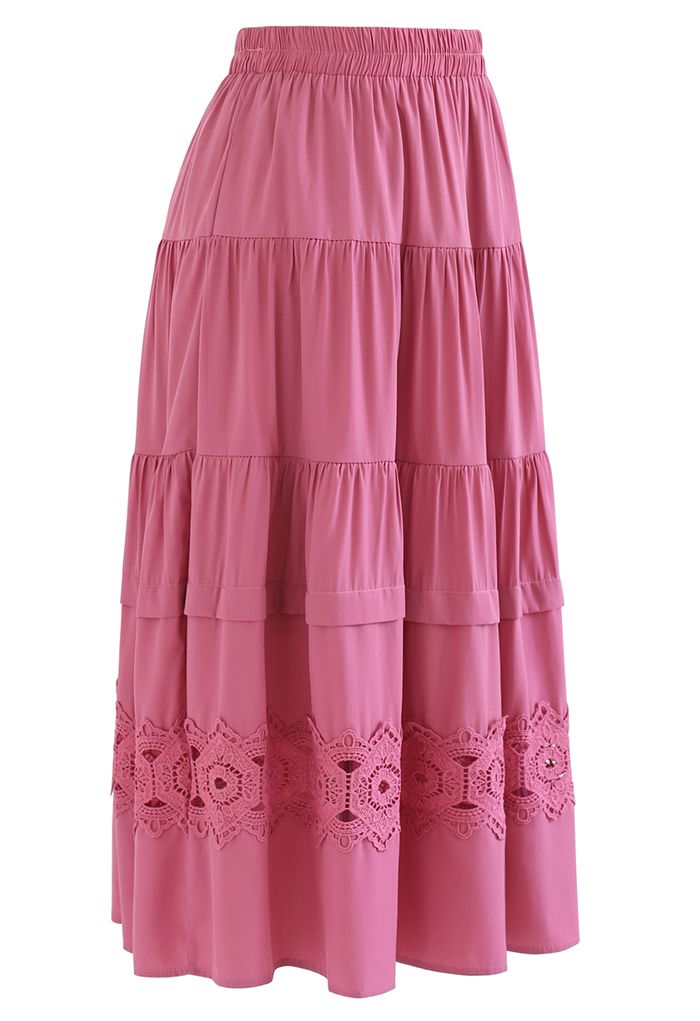 Crochet Cutwork Ruched Midi Skirt in Magenta