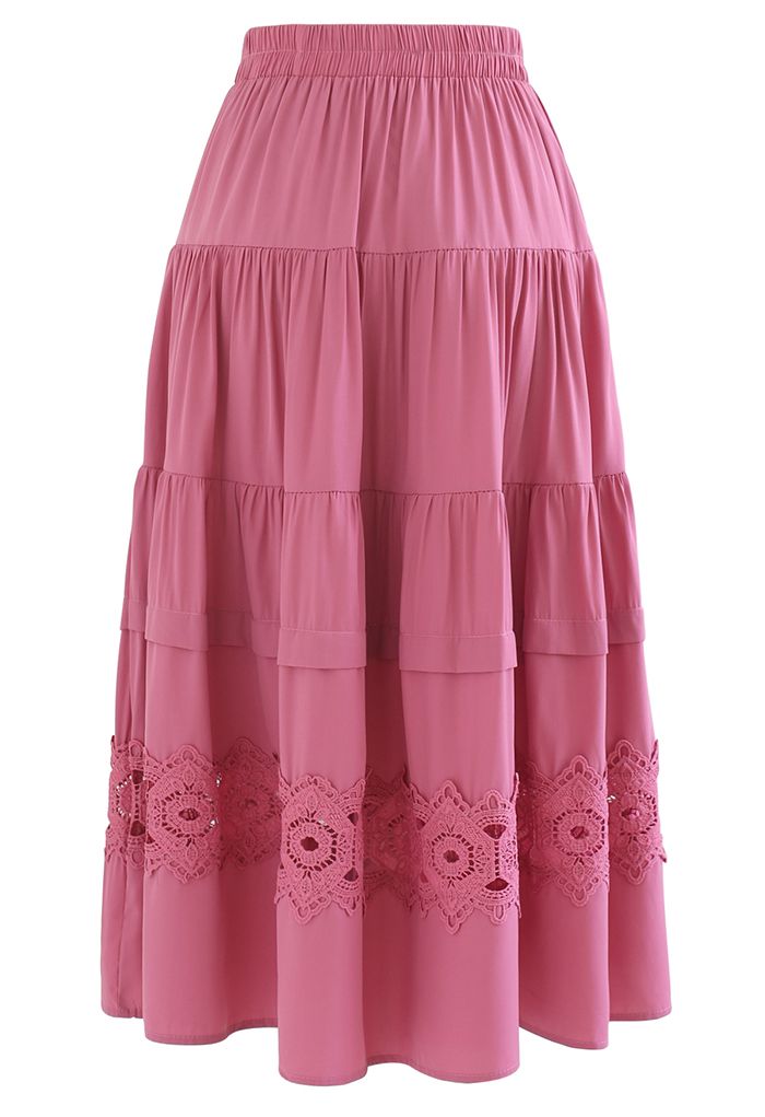 Crochet Cutwork Ruched Midi Skirt in Magenta