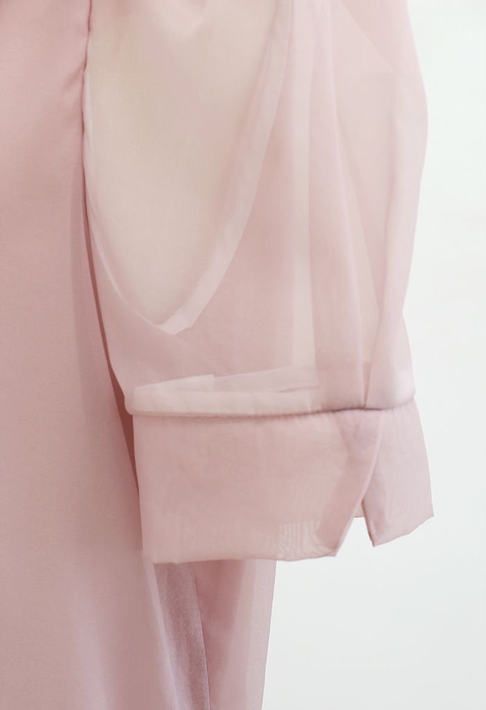 Button Down Bowknot Organza Top in Dusty Pink