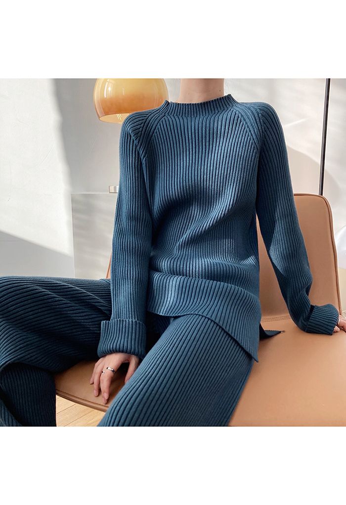 Rib Knit Split Hem Sweater and Pants Set in Teal - Retro, Indie and Unique  Fashion