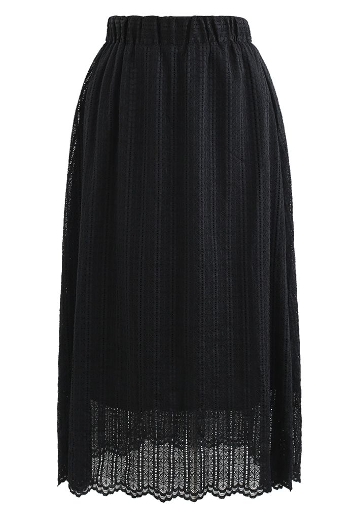 Full Floral Lace Midi Skirt in Black