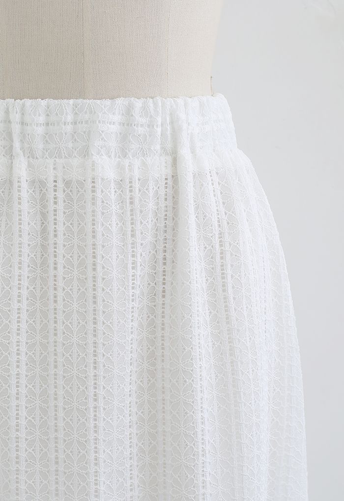 Soft Floral Lace Midi Skirt in White