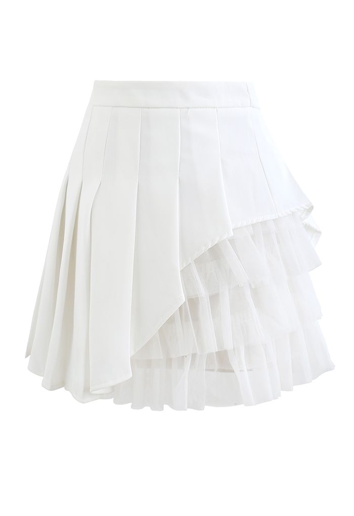Mesh Inserted Pleated Mini Skirt in White - Retro, Indie and Unique Fashion
