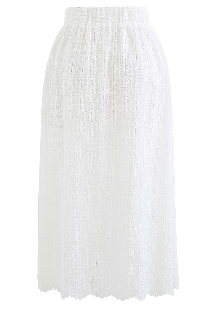 Soft Floral Lace Midi Skirt in White