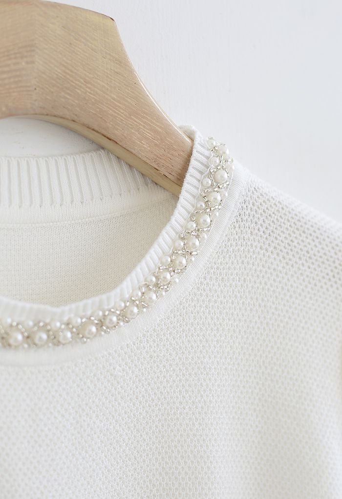 Bead Trim Waffle Knit Top in White - Retro, Indie and Unique Fashion