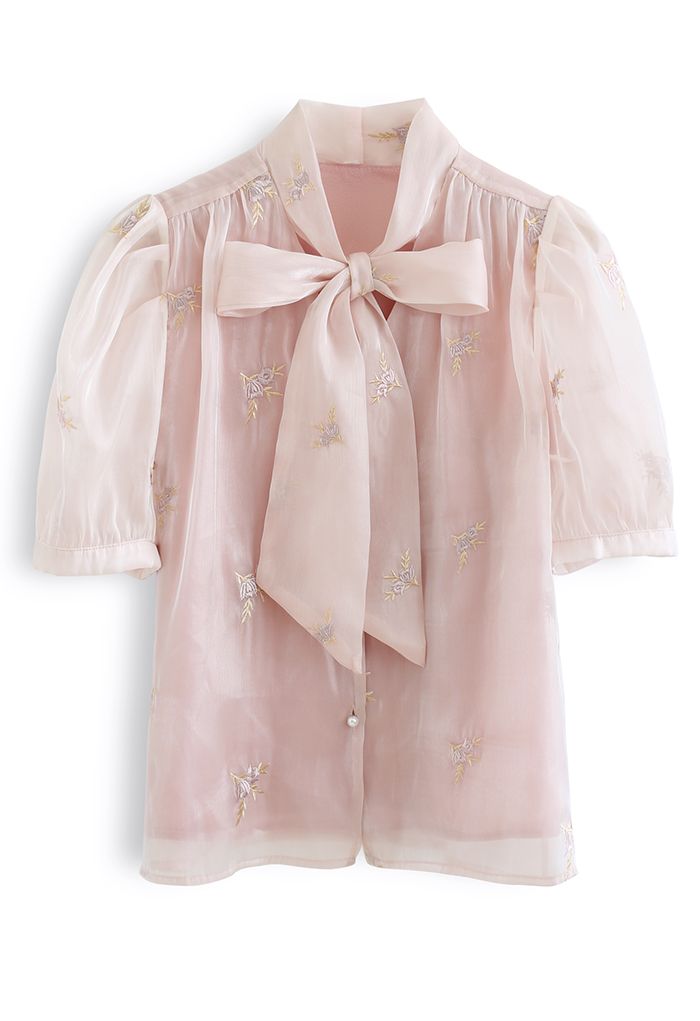 Shimmer Organza Embroidered Posy Bowknot Top in Pink