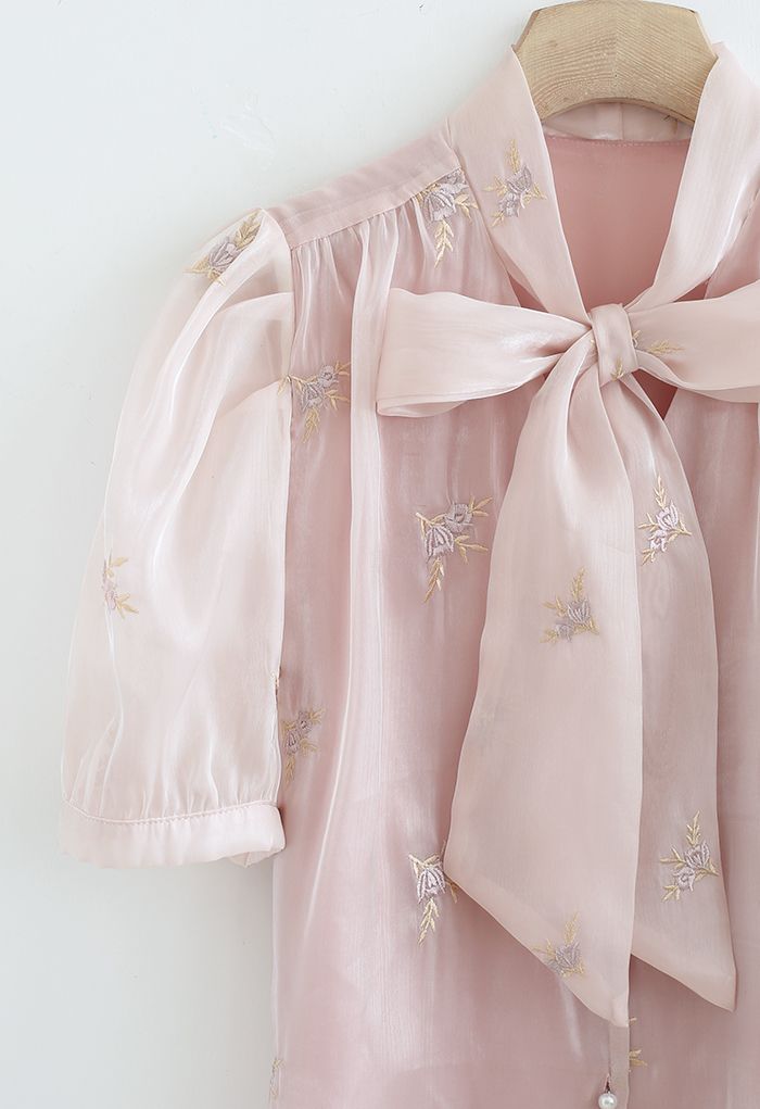 Shimmer Organza Embroidered Posy Bowknot Top in Pink