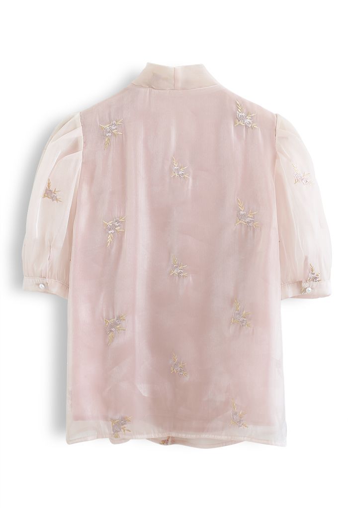 Shimmer Organza Embroidered Posy Bowknot Top in Pink