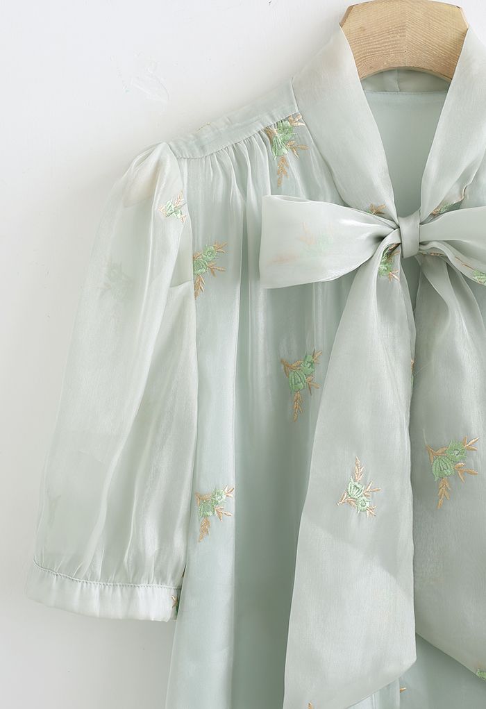 Shimmer Organza Embroidered Posy Bowknot Top in Pea Green