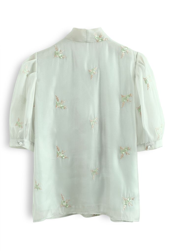 Shimmer Organza Embroidered Posy Bowknot Top in Pea Green