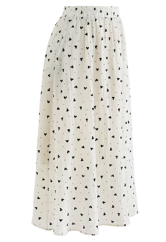 Black Velvet Heart Side Pocket Midi Skirt in Ivory