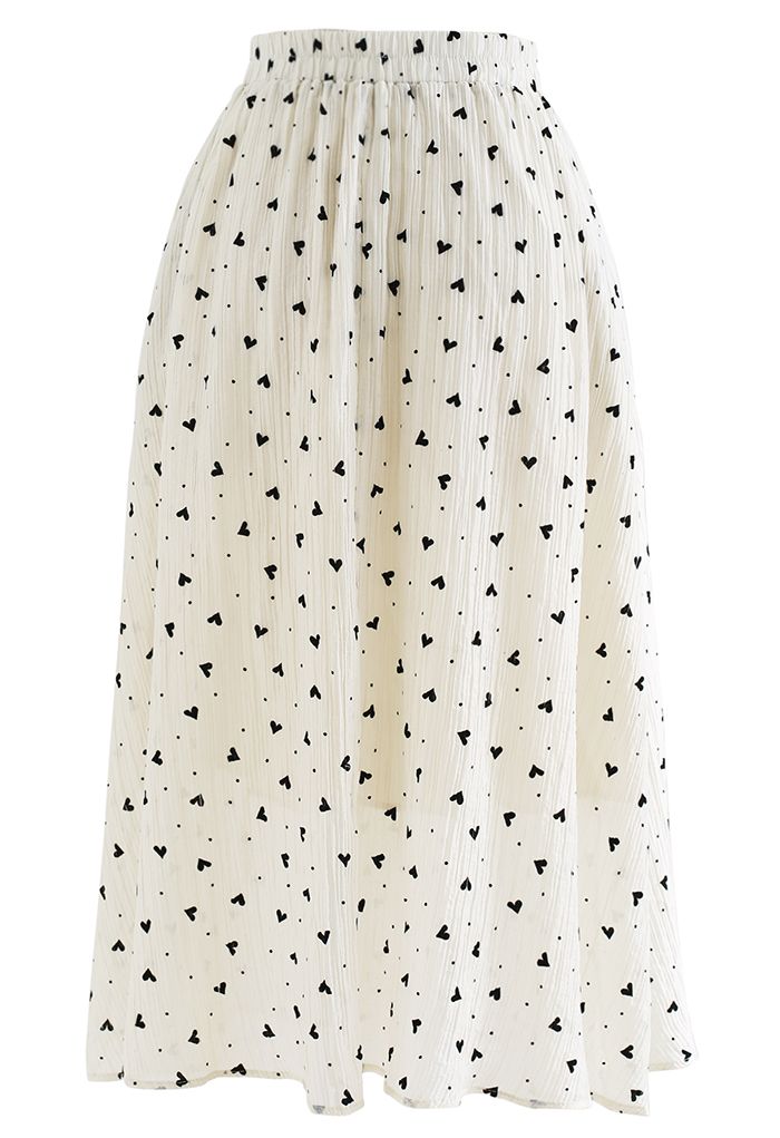 Black Velvet Heart Side Pocket Midi Skirt in Ivory