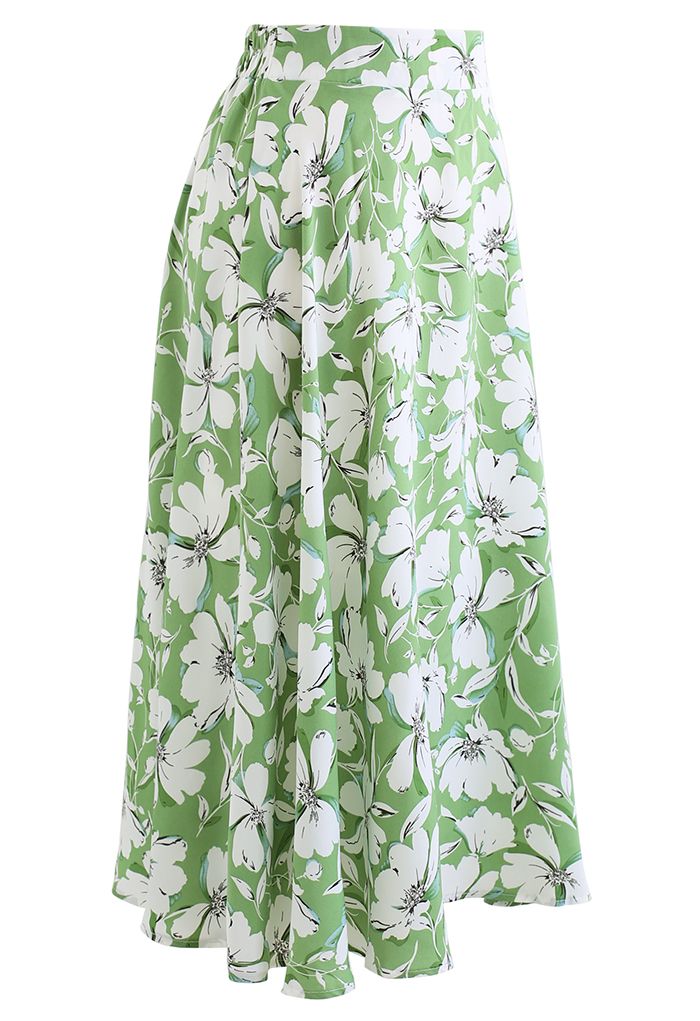 White Flower Flare Midi Skirt in Green