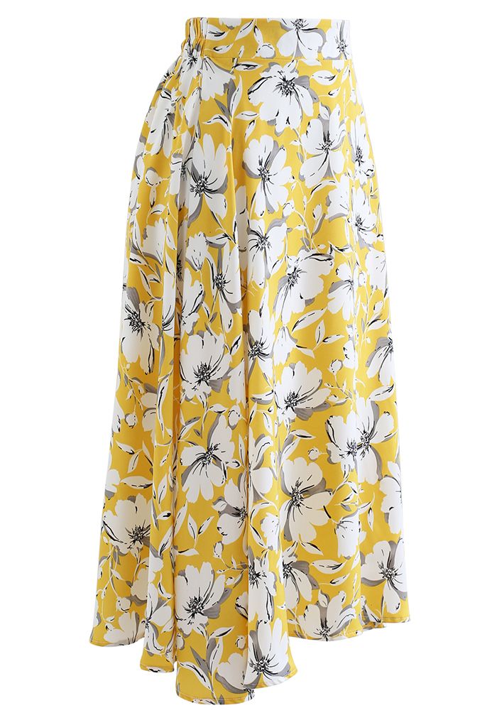 White Flower Flare Midi Skirt in Yellow