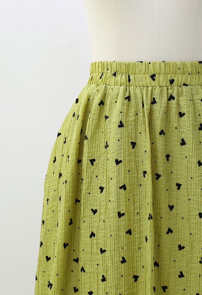 Black Velvet Heart Side Pocket Midi Skirt in Moss Green