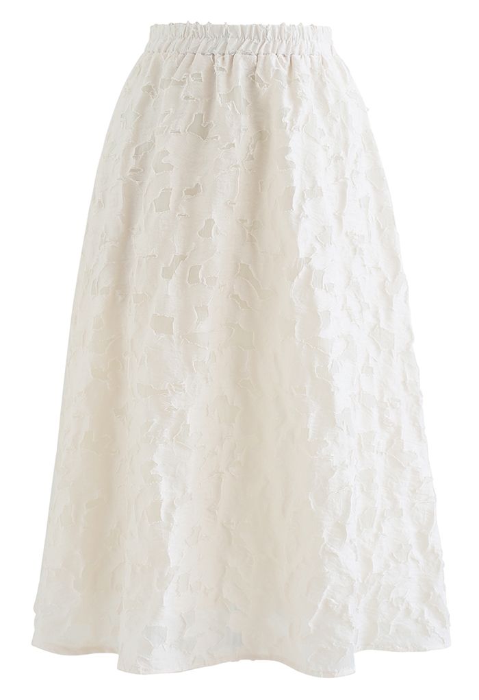 Leaf Jacquard Flare Midi Skirt in Cream