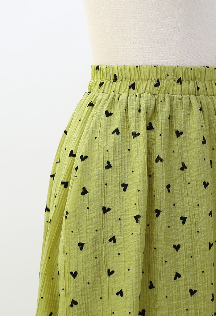 Black Velvet Heart Side Pocket Midi Skirt in Moss Green