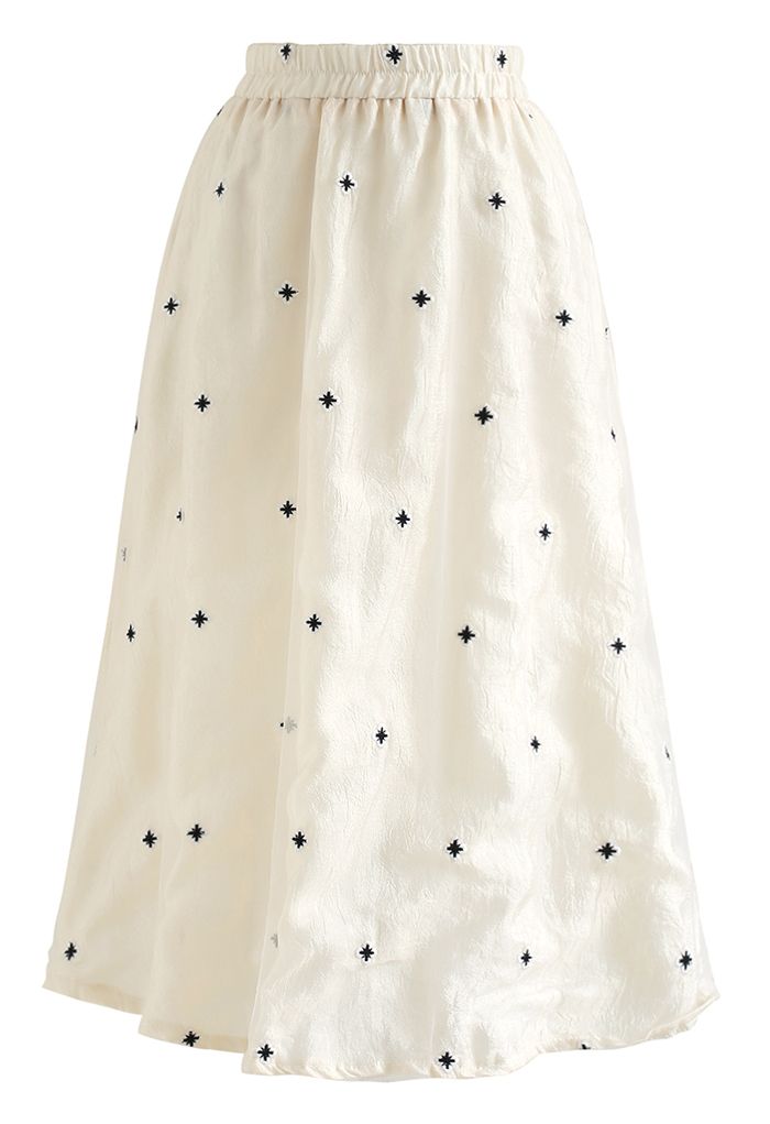 Embroidered Daisy Mesh Overlay Skirt in Cream