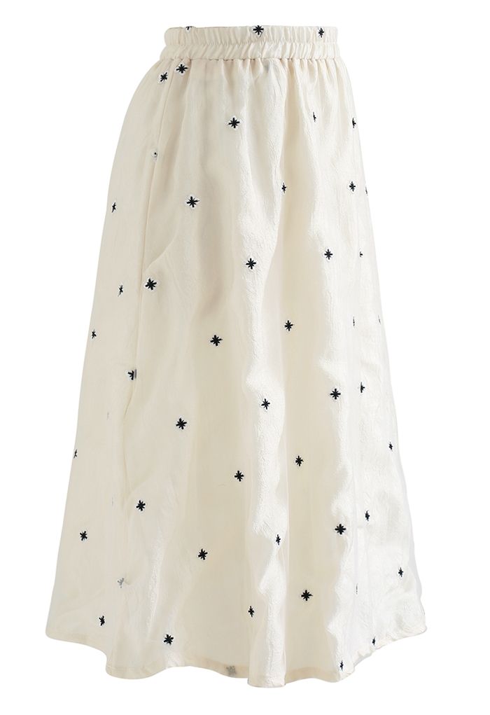 Embroidered Daisy Mesh Overlay Skirt in Cream