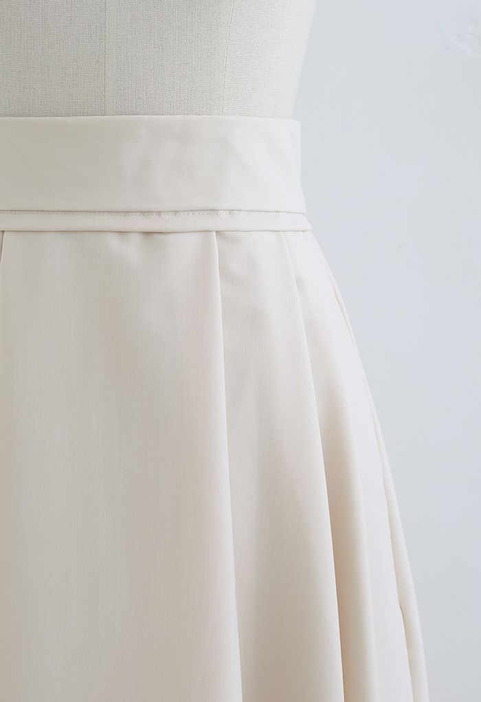 High Waist Pleated Flare Midi Skirt in Cream