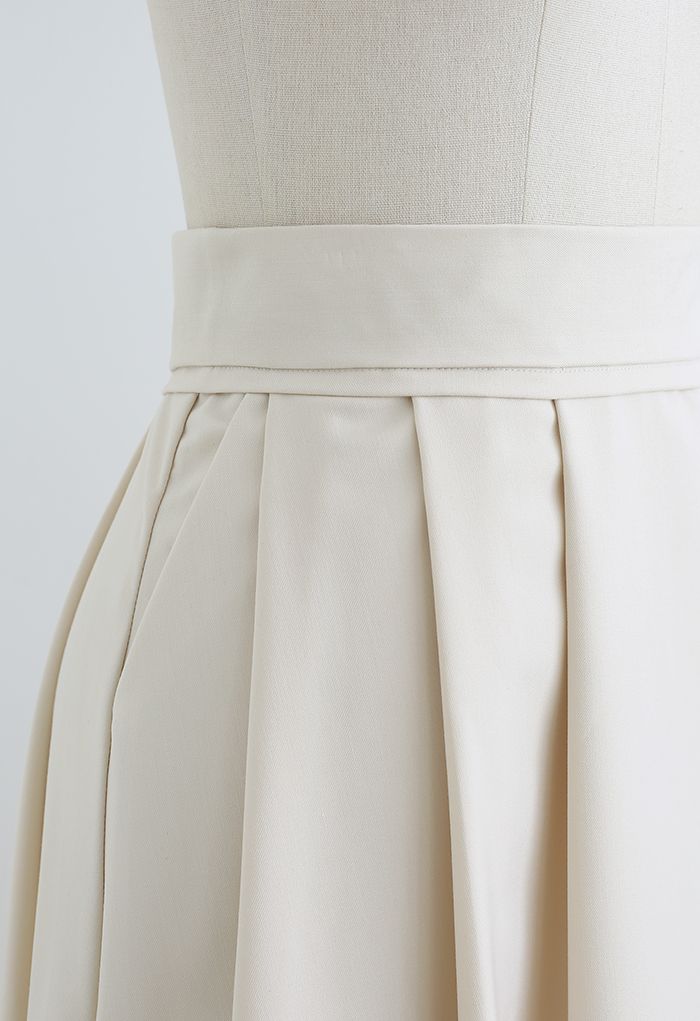 High Waist Pleated Flare Midi Skirt in Cream