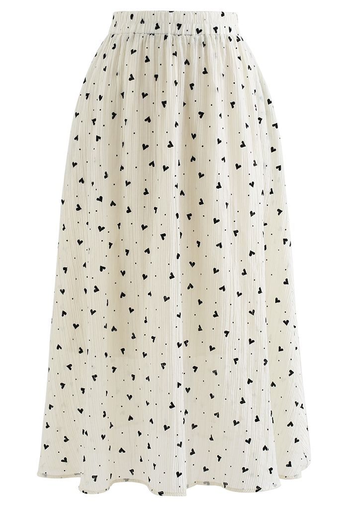 Black Velvet Heart Side Pocket Midi Skirt in Ivory