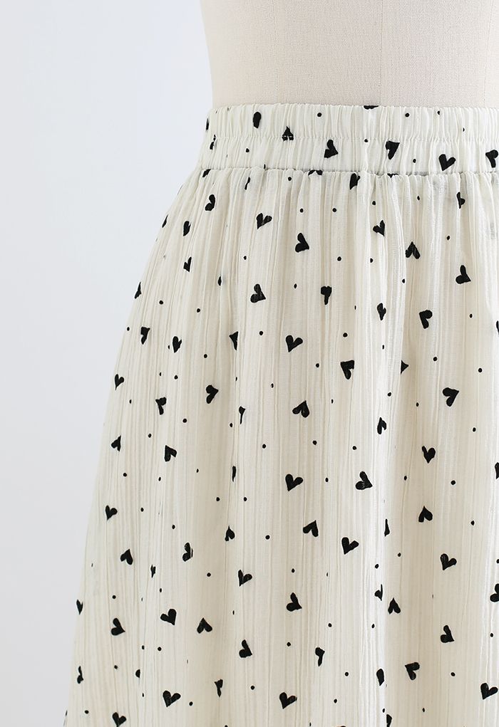 Black Velvet Heart Side Pocket Midi Skirt in Ivory