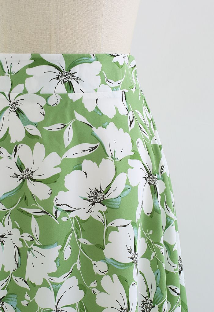 White Flower Flare Midi Skirt in Green - Retro, Indie and Unique Fashion