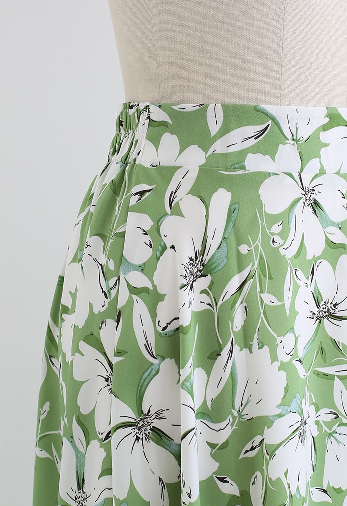 White Flower Flare Midi Skirt in Green