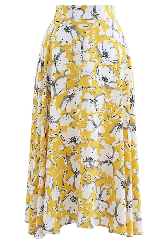 White Flower Flare Midi Skirt in Yellow