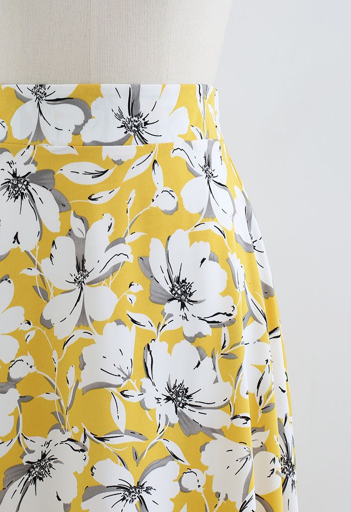 White Flower Flare Midi Skirt in Yellow