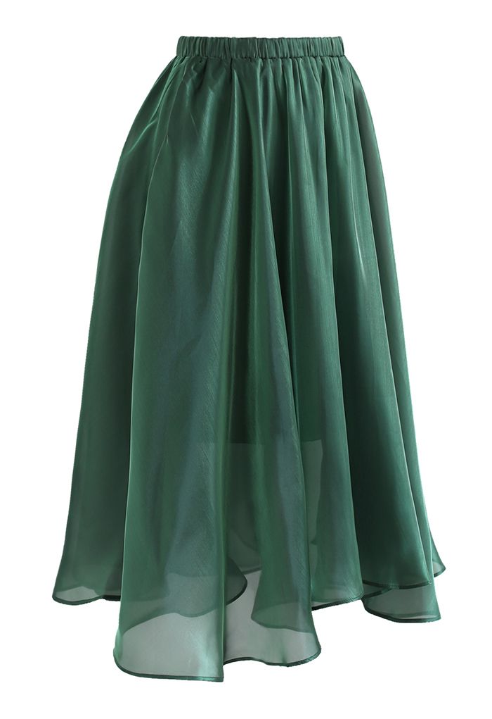 Flowy Organza Flare Midi Skirt in Green