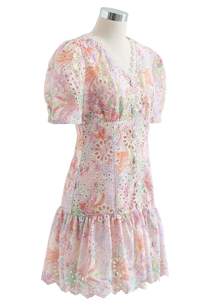 Luxuriant Floral Cutwork Frilling Dress in Pink - Retro, Indie and ...
