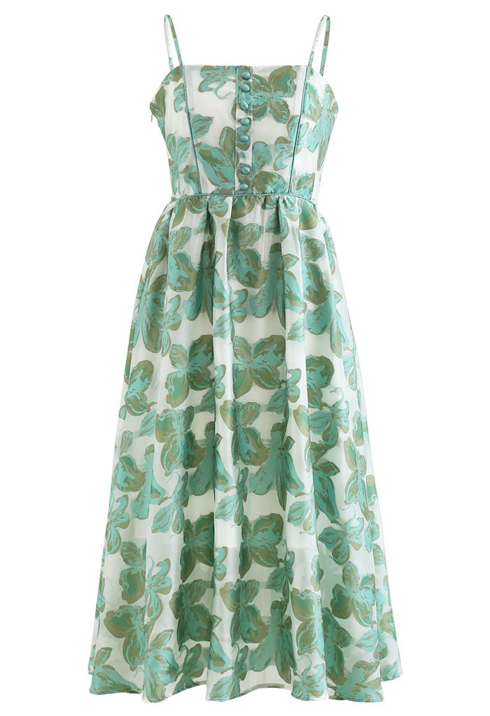 Green Leaves Jacquard Shirred Cami Dress