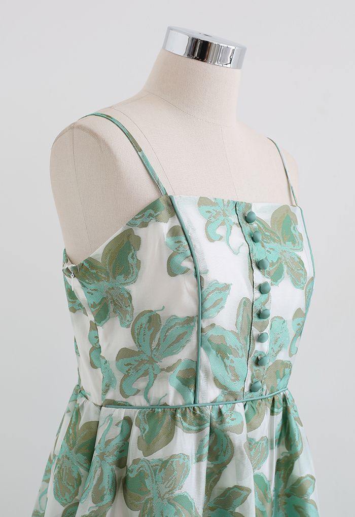 Green Leaves Jacquard Shirred Cami Dress